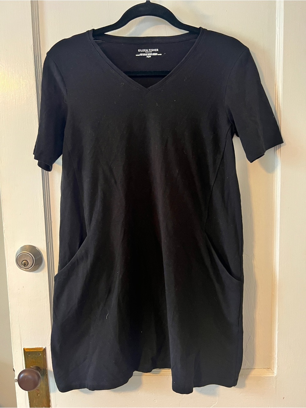 Eileen Fisher Black Cotton V-neck Short Sleeve Shift Dress Pocket petit small
